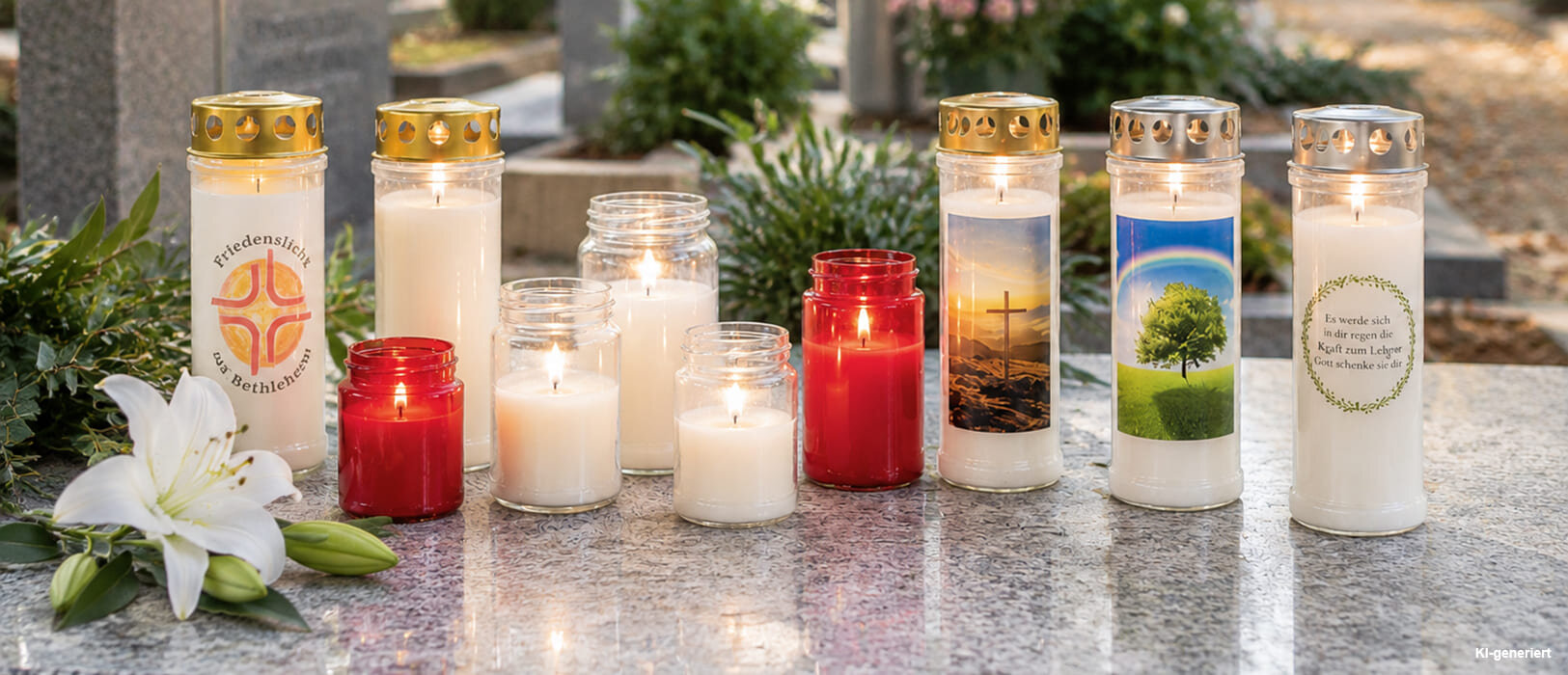 Grablichter und Gedenkkerzen auf einem Friedhof mit christlichen Motiven