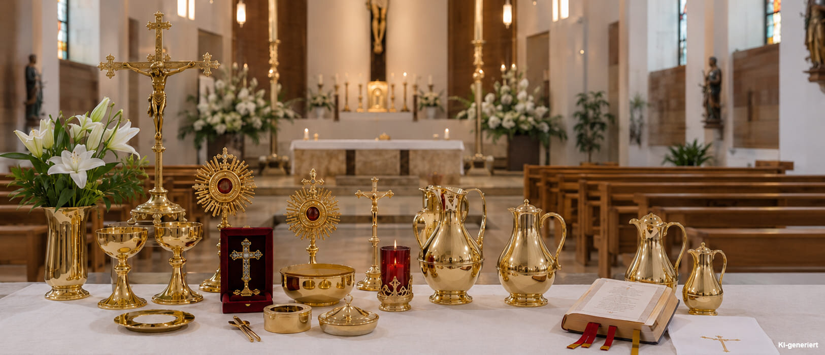 Kirchenbedarf mit Monstranz, Kelchen, Kreuzen und liturgischem Zubehör im Altarraum