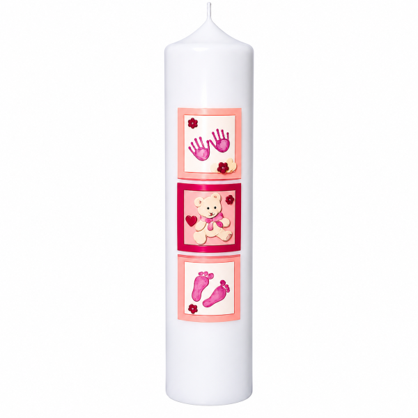 Taufkerze Mädchen Ø 6 x H 25 cm mit Hände, Füße & Bär mit Name & Datum