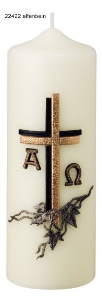 Gedenkkerze Elfenbein/Bronze mit Kreuz & A/O Ø 7 x H 20 cm