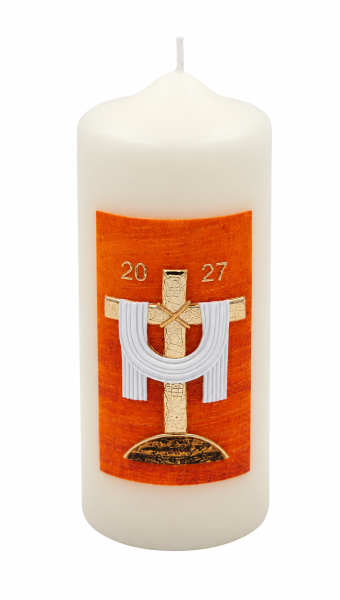 Ostertischkerze 15 x 6 cm Kreuz, Orange-Gold mit Jahreszahl