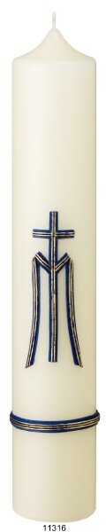 Marienkerze Altarkerze Mariensymbol Blau-Gold 40 x 7 cm