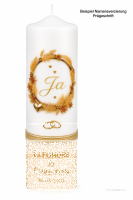 Hochzeitskerze Stumpenkerze mit Blumenkranz & Eheringen mit Namen & Datum
