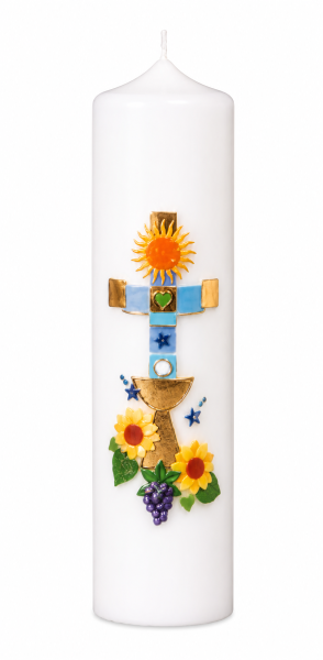 Kommunionkerze Weiß mit buntes Kreuz & Kelch und Hostie Ø 7 x H 30 cm