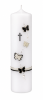 Gedenkkerze Weiß mit Kreuz & Schmetterlinge...