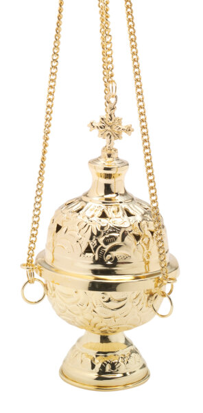 Weihrauchfass vergoldet H 18 cm, Messing, vergoldet, gold, Innenschale aus Stahl, für Räucherkohle