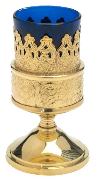 Windlicht blau H 13 cm, Messing, gold, wird mit dunkelblaumen Glaseinsatz geliefert