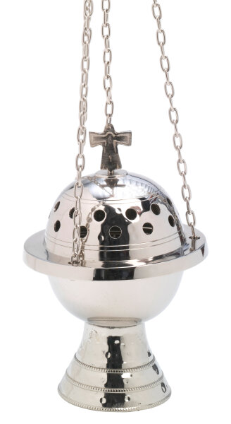 Rauchfass groß H 19 cm vernickelt, Messing, vernickelt, silber, Innenschale aus Stahl, für Räucherkohle