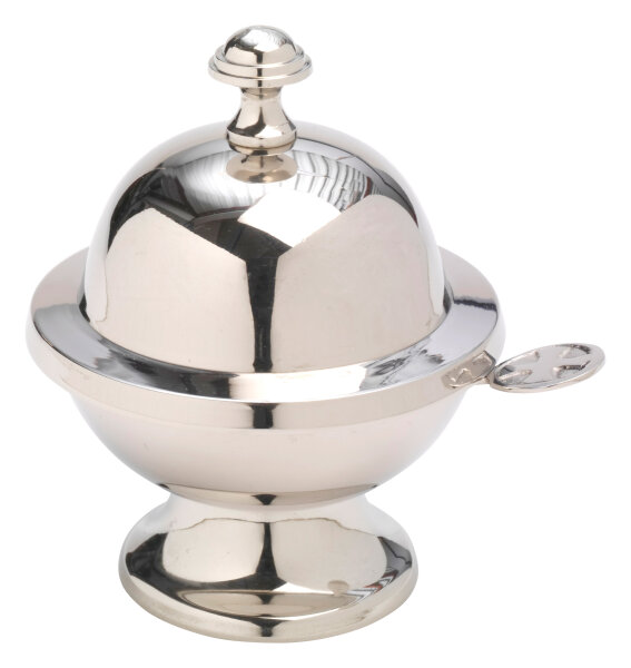 Schiffchen mit Löffel H 14 cm vernickelt, Messing, vernickelt, silber, wird mit Löffel geliefert