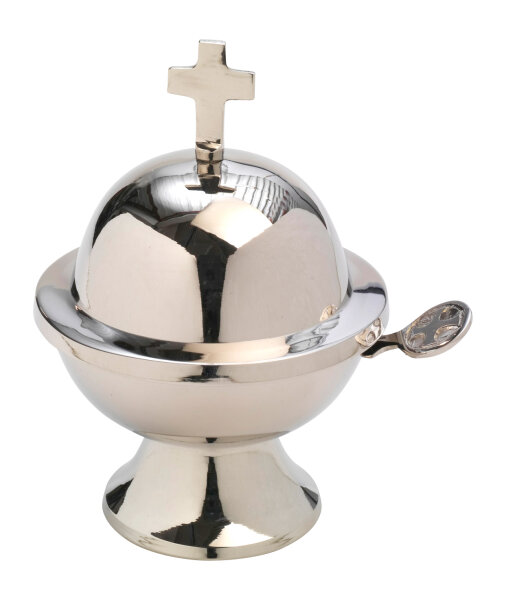 Schiffchen vernickelt mit Kreuz H 13 cm, Messing, vernickelt, silber, wird mit Löffel geliefert