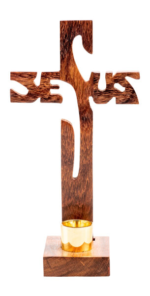 Stehkreuz "Jesus" in Holz 19 cm mit Kerzenhalter