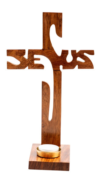 Stehkreuz "Jesus" in Holz 29 cm mit Teelichthalter