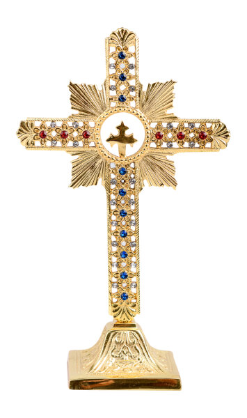 Stehkreuz vergoldet mit edlen Kristallsteinen (Höhe 25 cm)