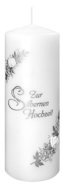 Kerze zur Silberhochzeit Ø 7,8 x H 22 cm mit Namensverzierung