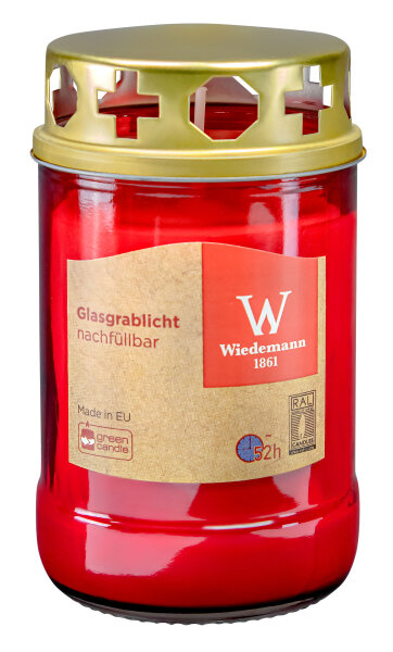 Grablicht aus Glas Rot mit Deckel Ø 6,8 x H 12,5 cm, Brenndauer 52 Stunden
