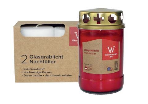Glasgrablicht Rot mit Deckel Ø 6,8 x H 12,5 cm mit 2er Set Nachfüllkerzen