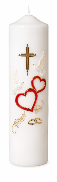 Hochzeitskerze Stumpenkerze mit Herzen, Kreuz & Tauben mit Namen & Datum