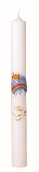 Taufkerze Ø 4 x H 40 cm mit Sonne, Regenbogen & Taube mit Name & Datum