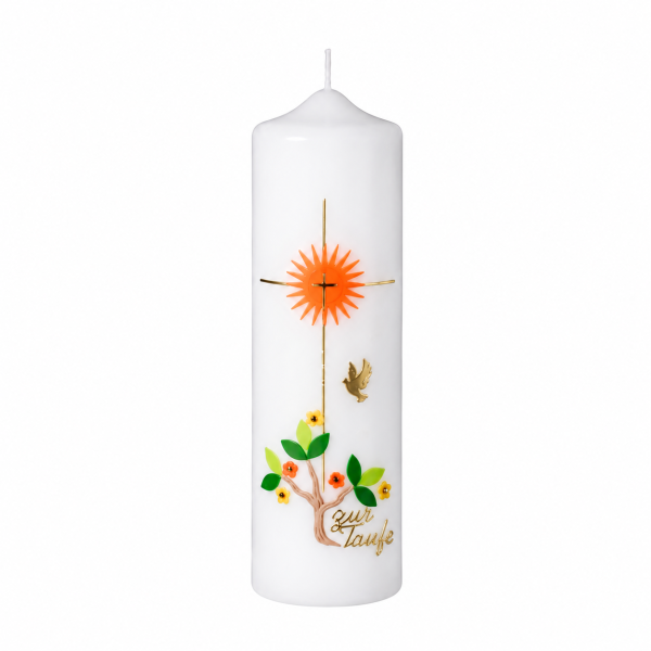 Taufkerze Ø 6 x H 20 cm mit Kreuz, Lebensbaum & Sonne mit Name & Datum