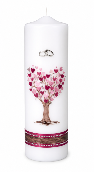 Hochzeitskerze Stumpenkerze mit Herzbaum mit Namen & Datum