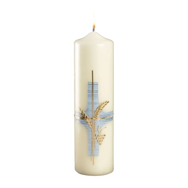 Marienkerze "Kreuz blau/Ähren" Elfenbein Ø 6 x H 22 cm