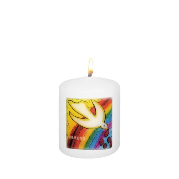 Gastgeschenk FirmungØ 5 x H 6 cm in Weiß "Taube, Regenbogen", 12 Stück.